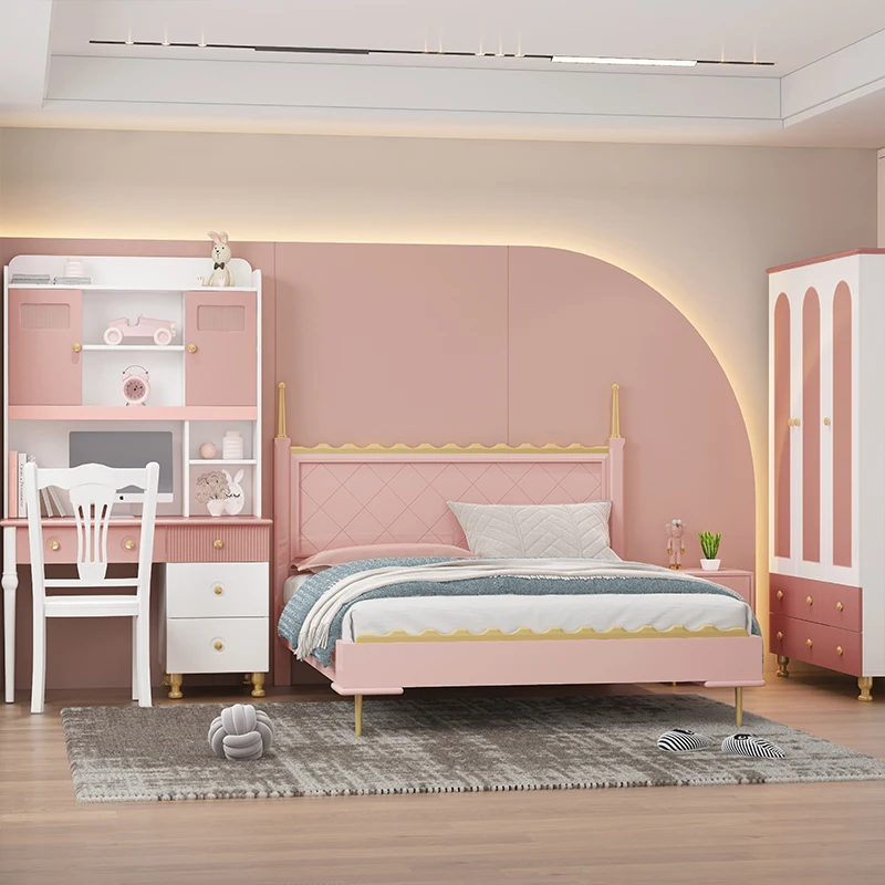 Beautiful Lovely Pink Double  Bed Girls Furniture solid wood Bedroom luxury bed