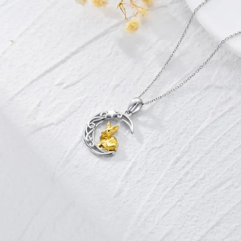 Cute Animal Jewelry Women Girls 925 Sterling Silver Two Tone Necklace Rabbit Moon Star Necklace