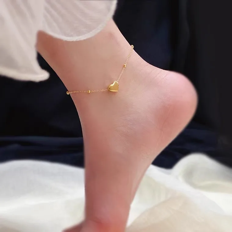 Waterproof Tarnish Resistant Trendy 18k Gold Plated Dainty Ball Bead Chain Heart Stainless Steel Anklets For Women