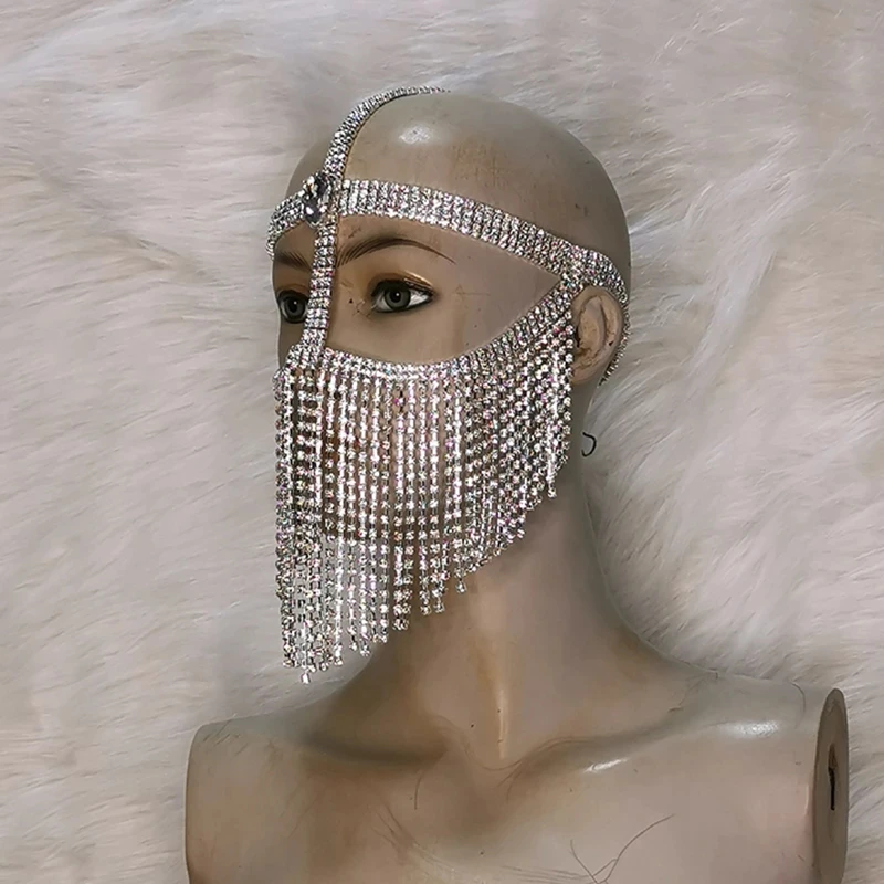 New Handmade Masquerade Costumes For Women Bling Tassel Veil Crystal Diamond Halloween Jewelry Chain Face Dance Party veil