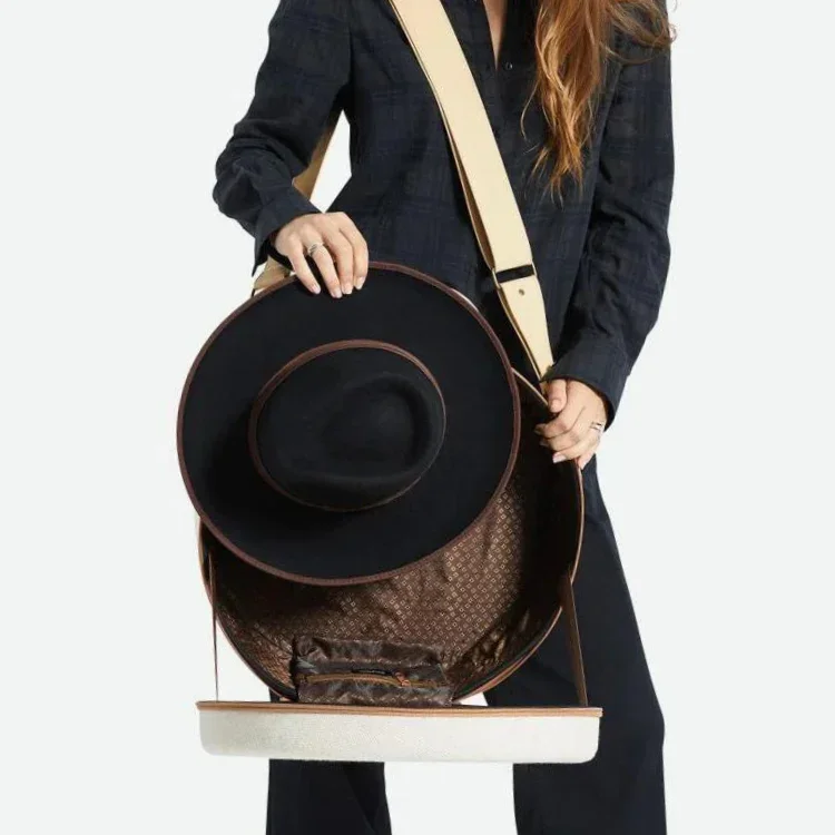 Custom Round Large Volume Headwear Cow Boy Hat Case XL Cap Travel Carrying Carrier Box Carry On Bag in Black with Shoulder Strap