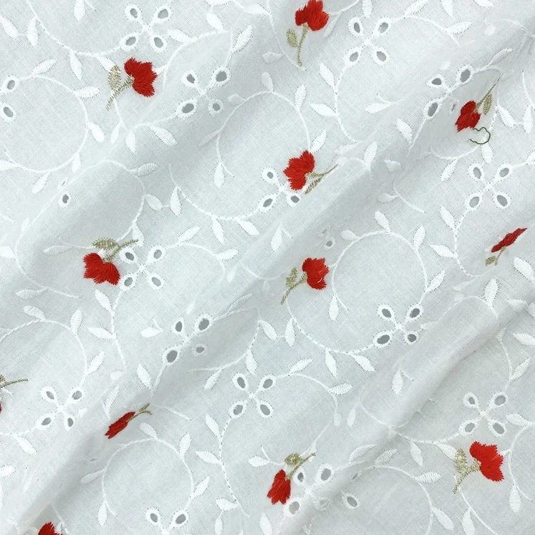 Customized quick-dry white voile cotton eyelet flower embroidery fabric for apparel-shirts blouses