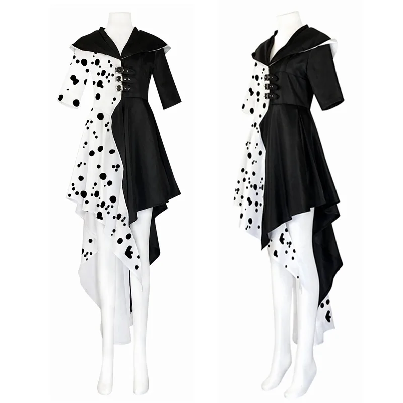 Movie Evil Madame Cruella De Vil Adult Women Black White Maid Dress Gloves Hoodie Skirt Halloween Party Cosplay Costume