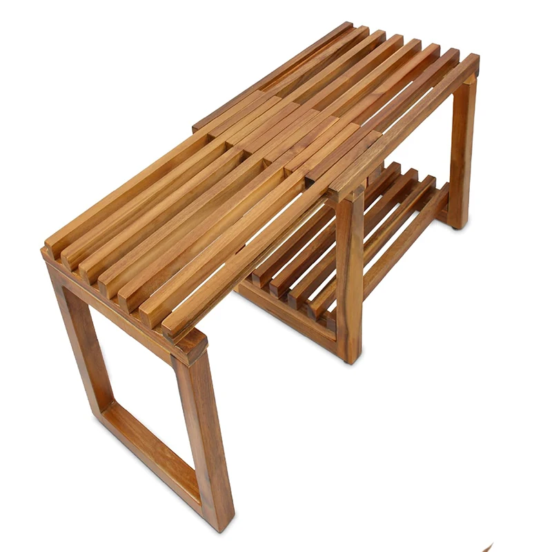 Wholesale Adjustable Length Acacia Wood Entryway Bench with Storage Organizer Shelf Shower Stool for Living Room Hallway