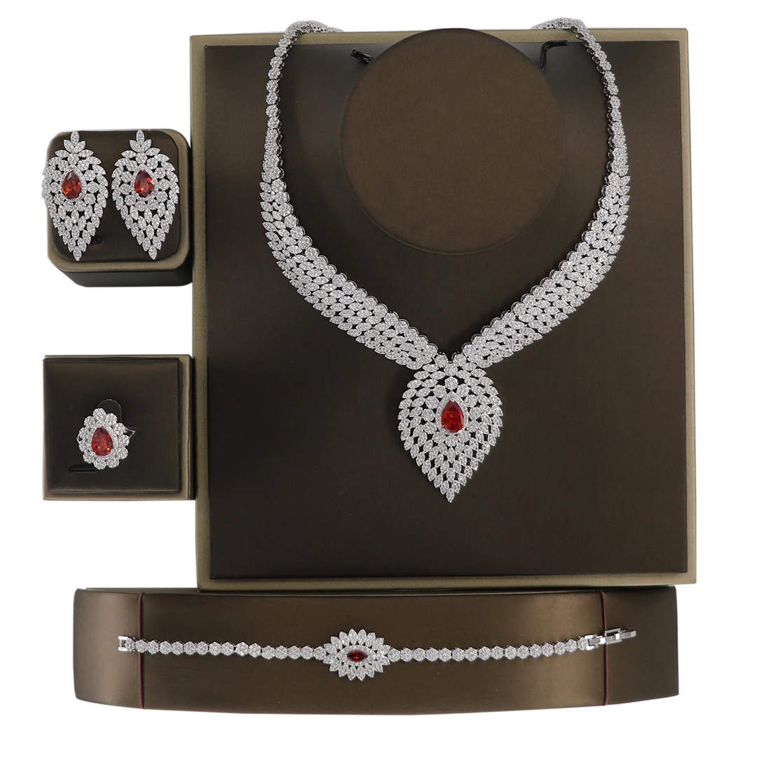 Luxury Rhodium Plated Ruby Stone Zirconia Necklace Set 4 Piece Bridal Jewelry Sets Women Dubai Jewellery Anniversary
