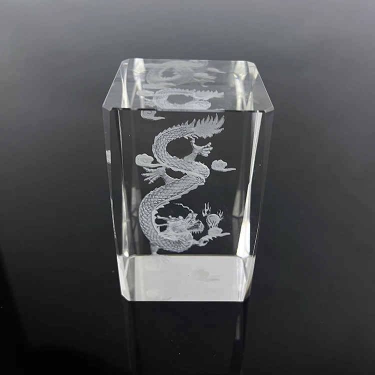Etched Dragon Crystal Block paperweight MH-F0165