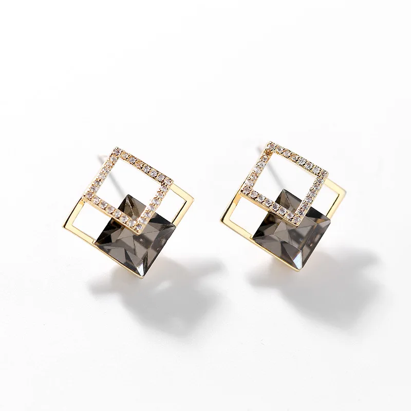 Luxury Fashion Geometric Rhombus Zircon Diamond Champagne Gold Grey Color Stud Earrings