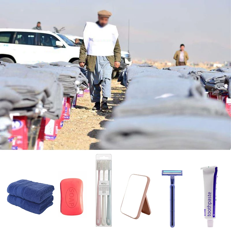 Factory wholesale cheap refugee supplies towel toothbrush toothpaste travel package toiletries kits