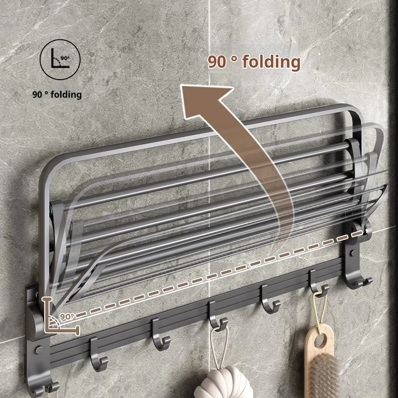 Gun grey 24in Towel Racks with Shelf Drilling/Adhesive Wall Mounted Foldable Rustproof Bathroom Towel Holder with Towel Bar