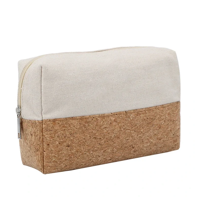 Custom with Logo 100% Eco Friendly Natural Canvas Cork Makeup Pouch Travel Toiletry Bag