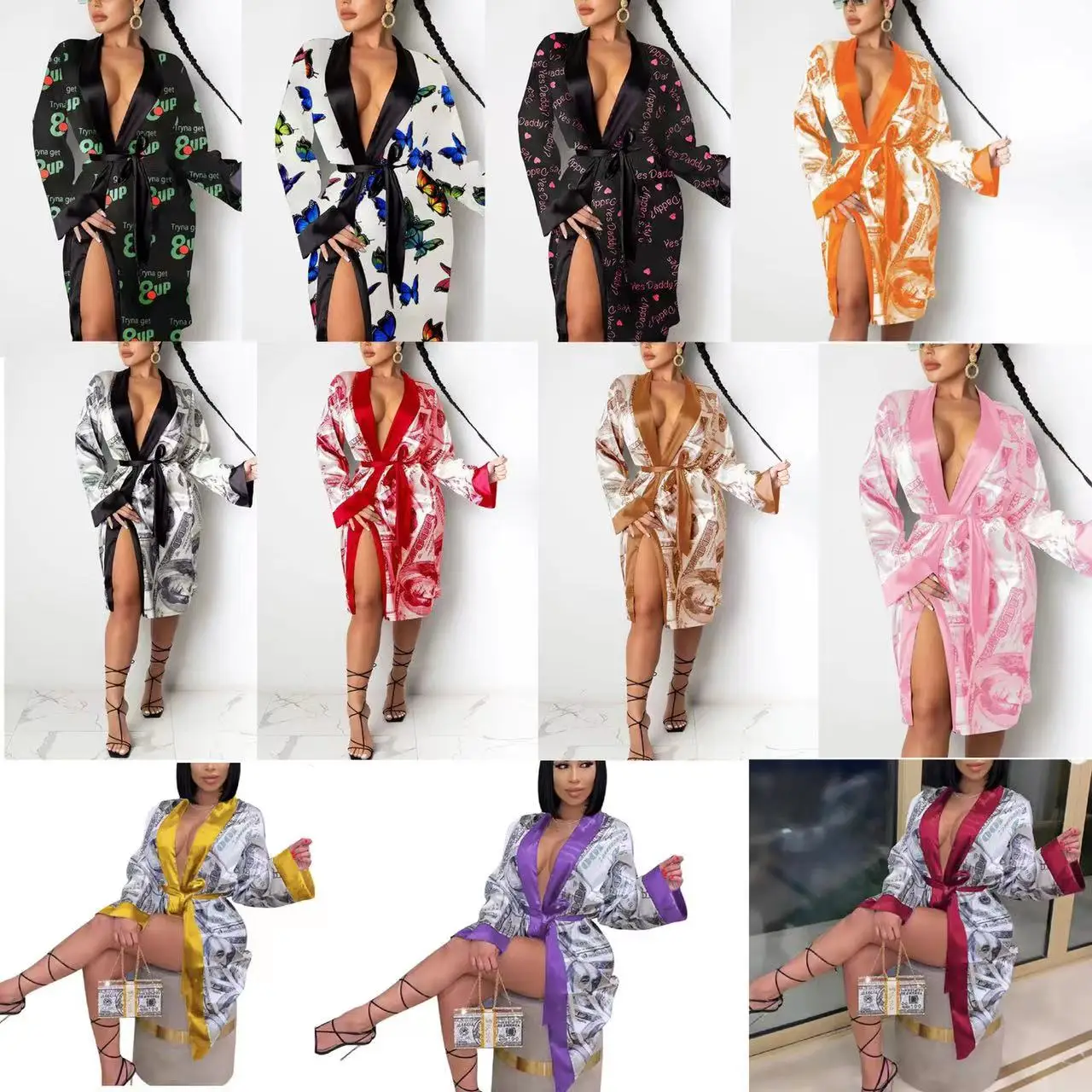 Custom Logo Printed Satin Pajamas Robe Night Long Silk Robe