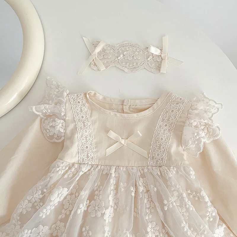Baby dresses Long-Sleeved Baby Jumpsuit with Hairband Lace dress Chinese Style Spring Autumn and Newborn Clothes for Girls