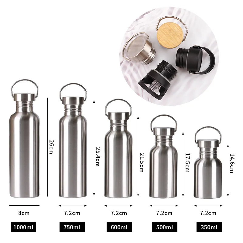 Sports Water Bottles Stainless Steel Single and Double Wall 500ml 750ml 1000 ml Insulated Custom uv Drink Bottle with Bamboo lid