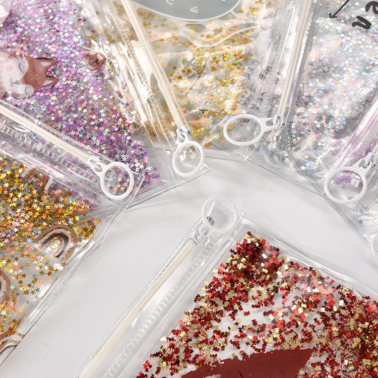 Customized Fashion durable clear pvc stationery bag glitter zipper pencil pouch