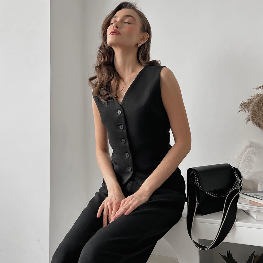OOTN 2 Pieces Blazers Tops And Straight Pants Women Business Summer Sets 2023 Chic Black Classy Office Ladies Pants Suits