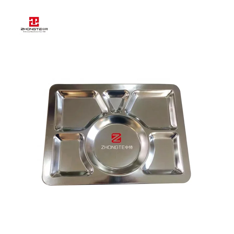 Large Fast Food Platter Stainless Steel Dinner Plates Serving Platter 6-grid Food Tray for Cafeteria
