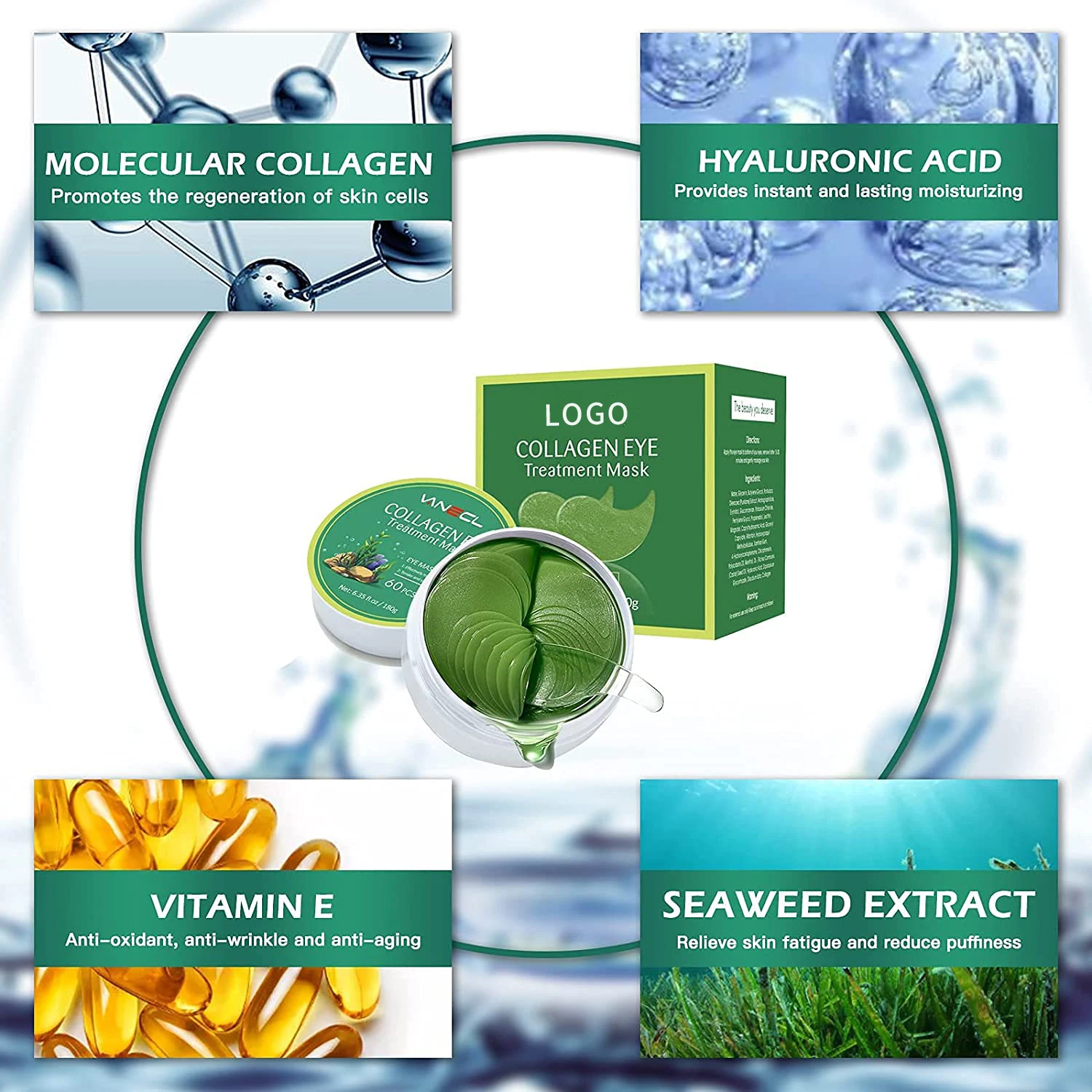 OEM Private Label Eye Mask Collagen Eye Pads Green Seaweed Anti-Aging 24K Gold Eye Mask Patches