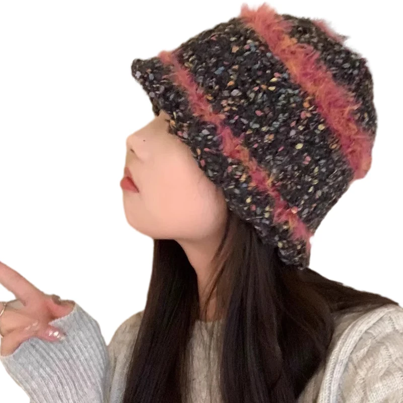 Wholesale Winter Classic Fashion Colorful Retro Handmade Warm Plush Hat Knitted Bucket Hat For Women