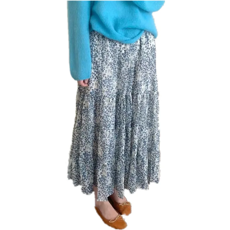 Wholesale Long Chiffon Skirt For Women Floral Pleated Skirt Linen Skirt Women