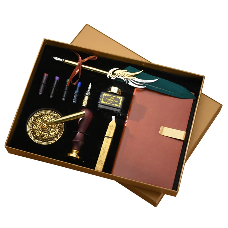 Hot Sale Retro Antique Copper Feather Pen With Ink Notebook and Steel Tips Calligraphy Quill Wax Pen Gift Set for Drawing
