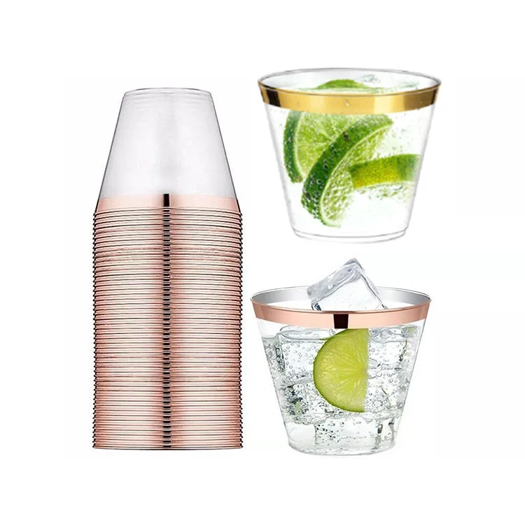9oz Drinking Disposable Cups For Party Gold Rimmed Transparent Dessert Cups Custom Plastic Wine Glass