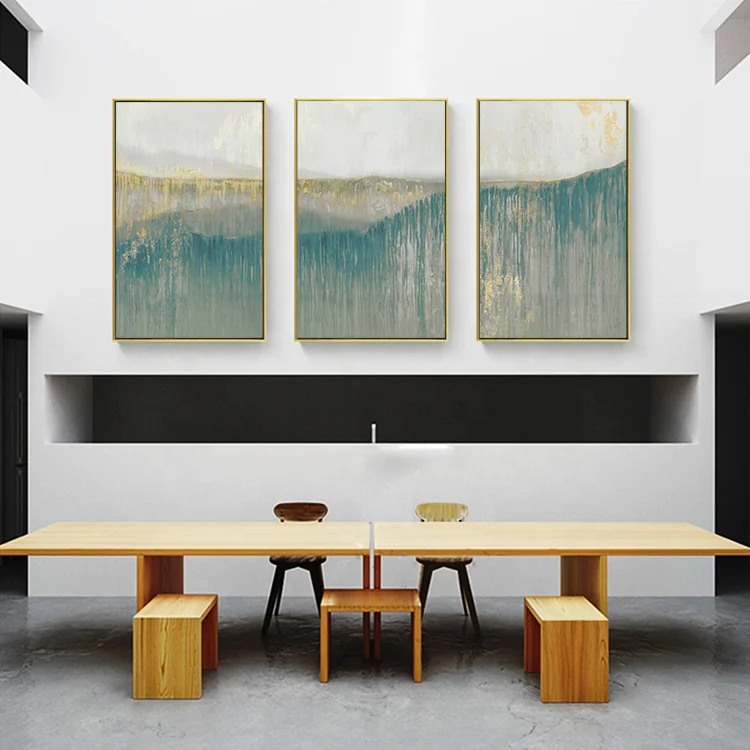 China Factory Wholesale Framed Art Prints Abstract Golden Fog Blue Gold Painting Canvas Painting Bedroom Wall Art