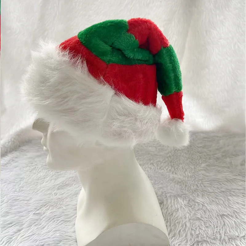 Plush Stripes Splicing Santa Hat Christmas Red Green White Hat Christmas Party Decorations Performance Dress Up Props