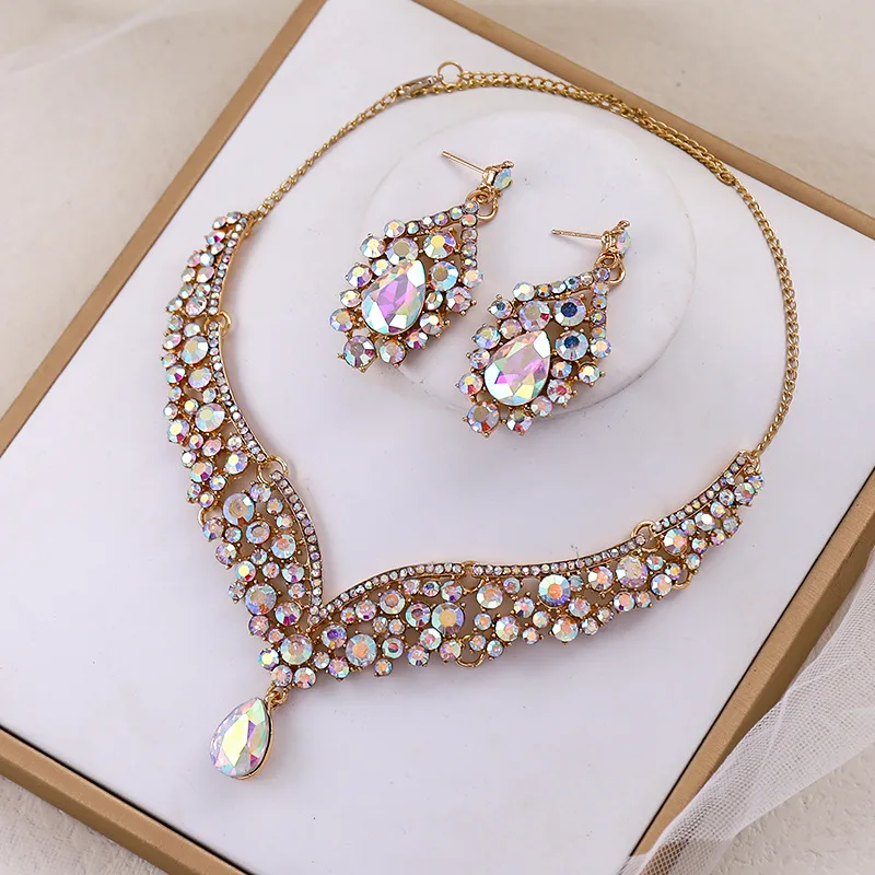 Bride Crown Accessories Atmospheric Rhinestone Multi-Color Necklace Earrings Set Wedding Necklace Embellishment Ornament