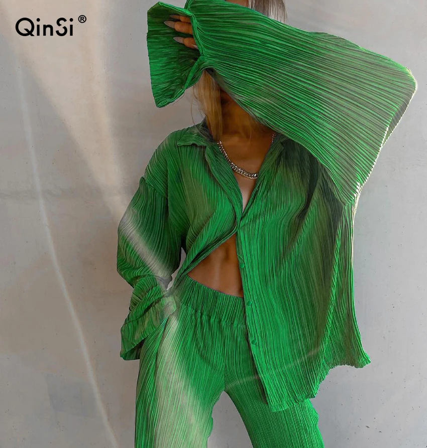 YAPU Two Piece Set   Autumn Women Vintage Oversize Long Flare Sleeve Shirt High Waist Trousers Orange Pleated Pants Set For