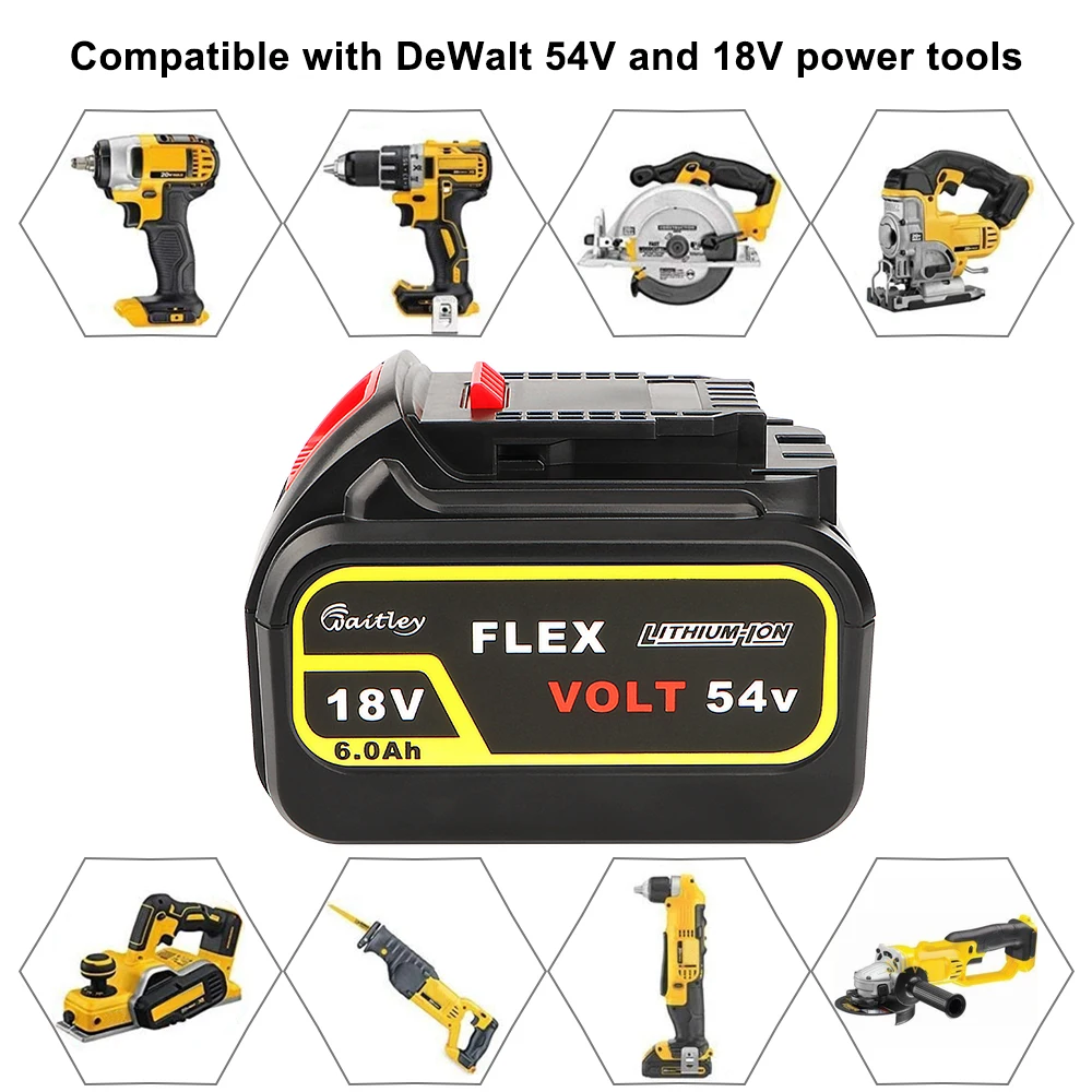 Waitley 18V 54в 6.0Ah DCB606 Замена литий-ионная аккумуляторная батарея для DeWalt Макс XR 20V/60V електричюеского инструмента 6000mAh литиевые