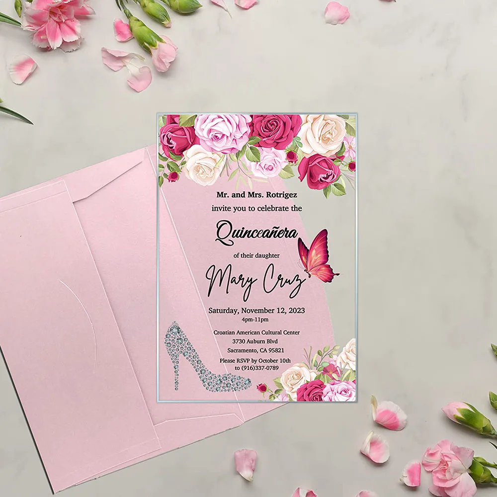 Factory wholesale 19 x 13 cm Custom Designs Birthday Quinceanera Party Invitations Acrylic Invitations for birthday decoration
