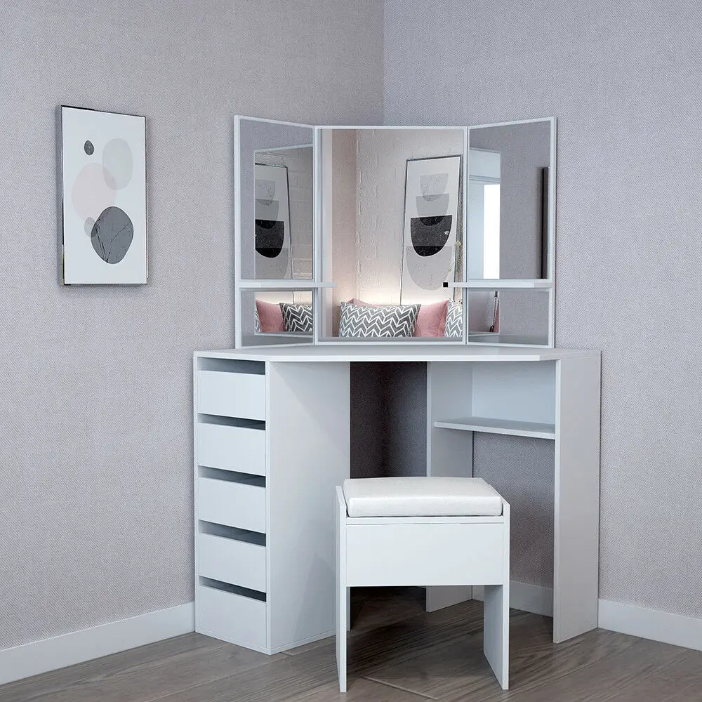 White Corner Dressing Table Stool Vanity Set White Makeup Dresser Mirror 5 Drawers