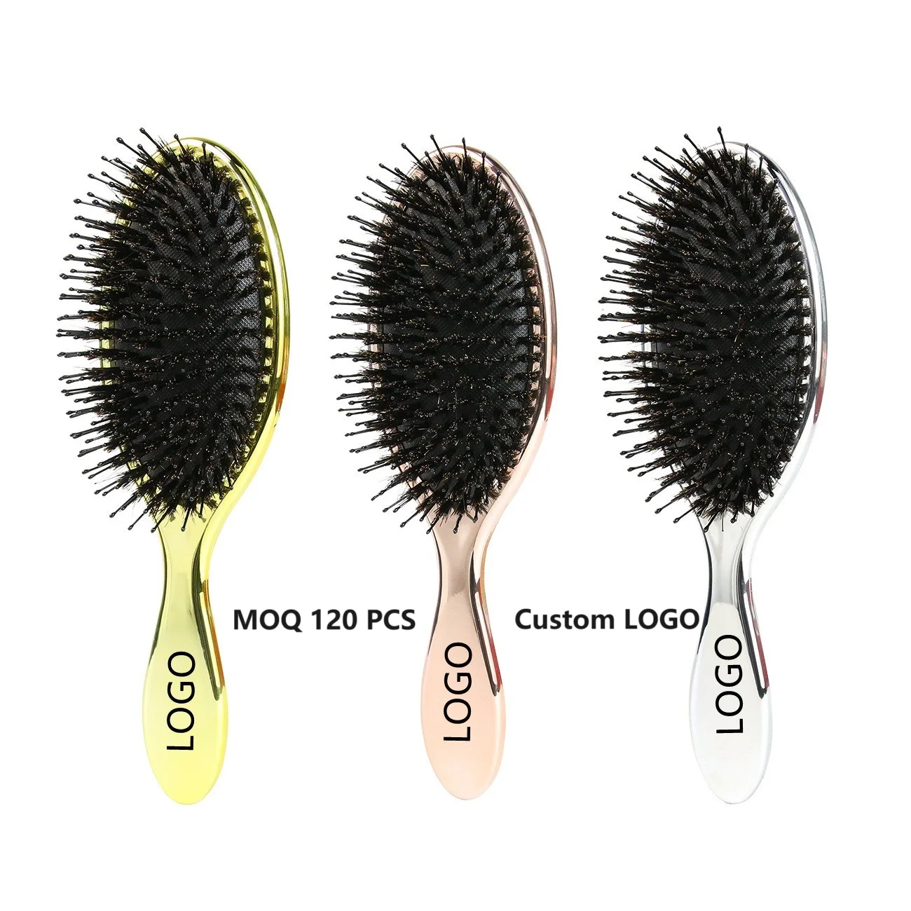 Custom LOGO Electroplating Gold Silver Boar Bristle Nylon Paddle Oval Hair Brush Anti Static Hair Massage Hair Extension Comb
