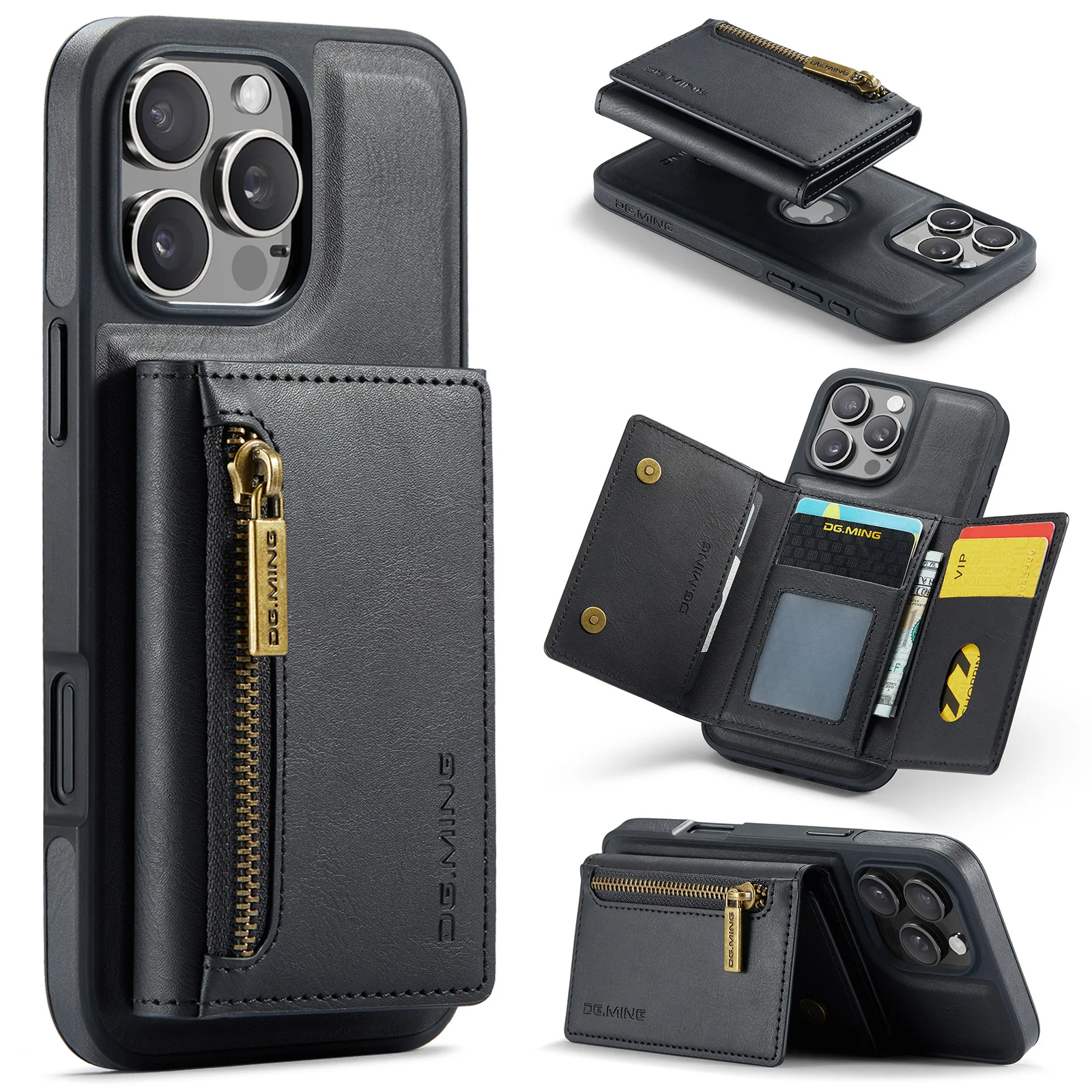 DG.MING M5 Case For iPhone 16 Pro Max Magnetic Detachable 2 in 1 Zipper Wallet Card Holder Leather Phone Cover For iPhone 15 16