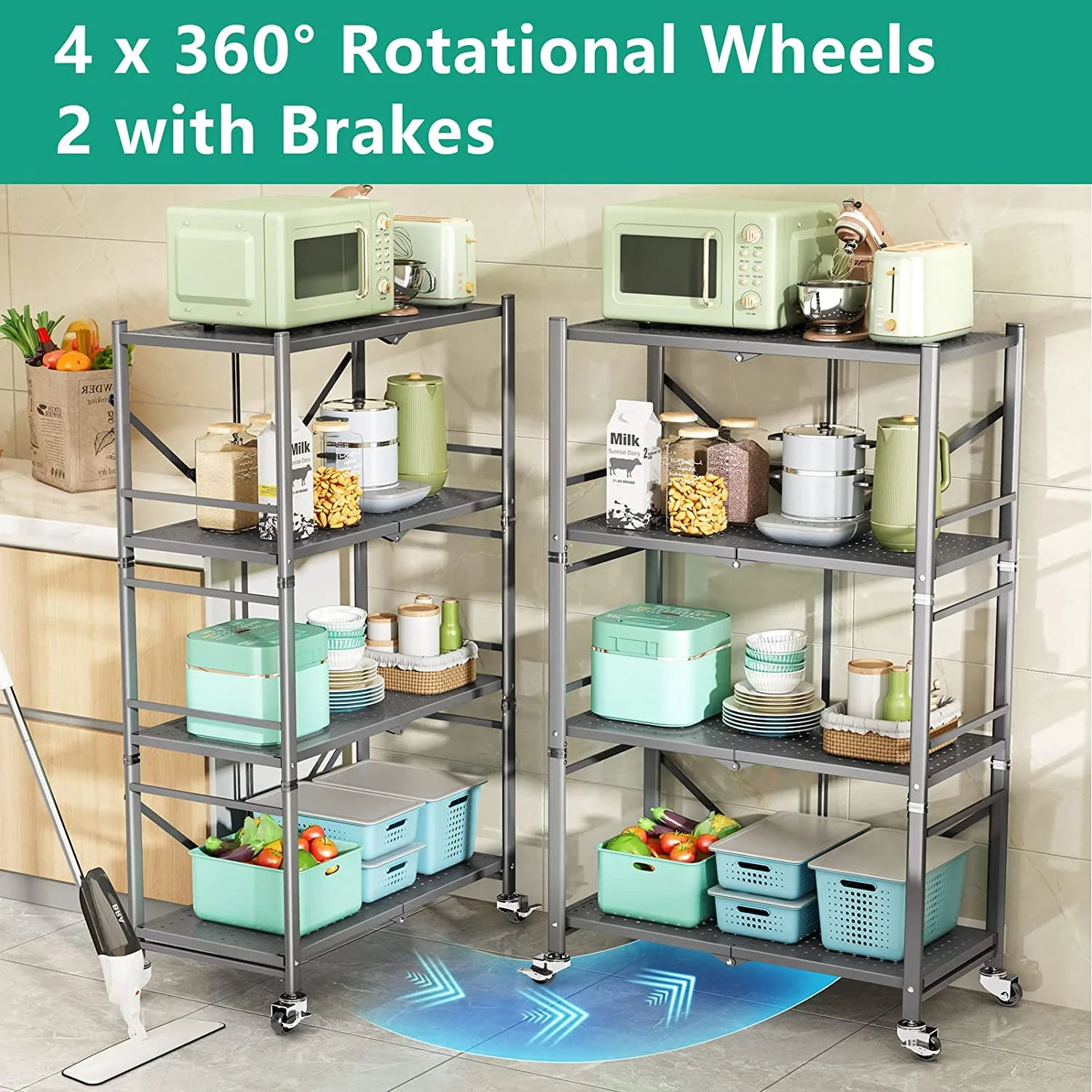 Multifunctional 3 Tier Foldable Storage Metal Rack Kitchen Oven Stackable Shelf Organizer Display Rack Folding Shelf With Wheels