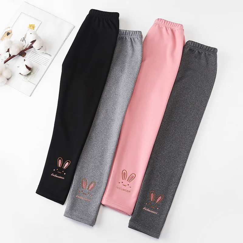 2023 Winter Kids Velvet Leggings Simple Rabbit Embroidered Girls Thick Style Warm Pants Stock