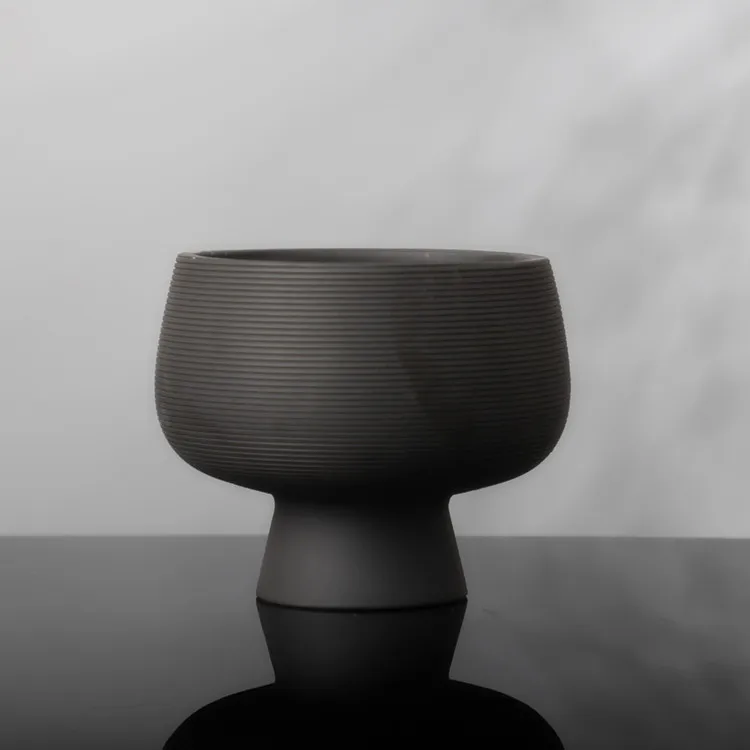Matte black striped embossed design home decoration pieces unique shape garden decor ceramic flower pot