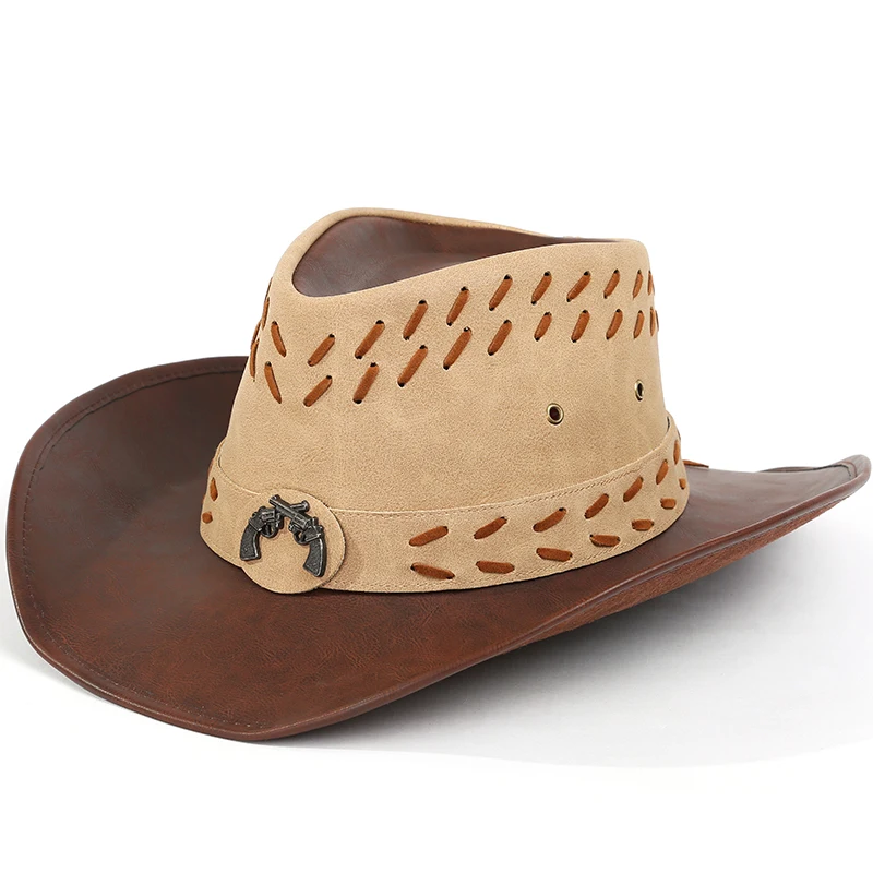 
Classic Unisex Outdoor Wide Brim Western Cowboy Hats with Gun and Strap for Man in Mexico Leather Sombreros 
