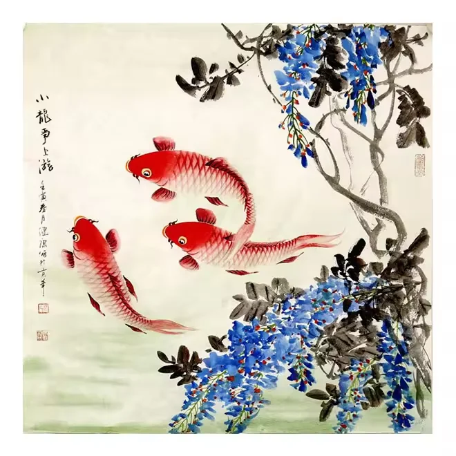 Chinese traditional rice paper ink red koi calligraphy decoration living room wall hanging ink painting