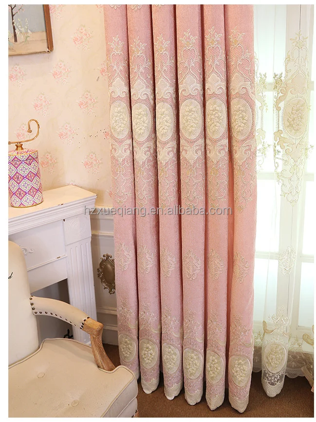 W-049 BDZN Ready-made Luxury European Style Pink Blue Chenille Blackout Embroidered Floral Valance Curtain for the Living Room