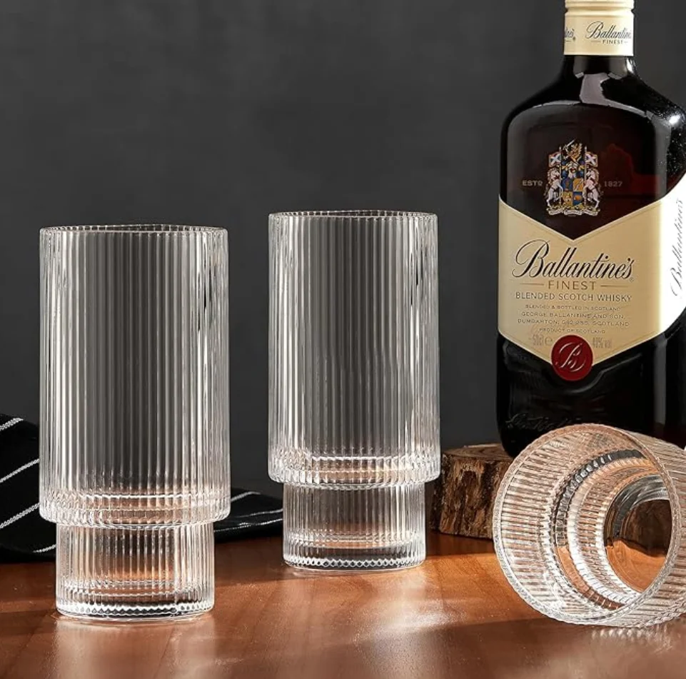 16oz Vintage Embossed Glass Cups Ice American Coffee Cup Stackable Bead Pattern Drinking Glasses