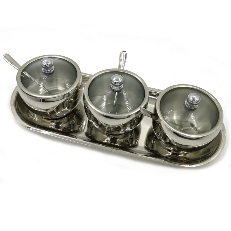 Stainless Steel Seasoning Box with Spoon & Glass Lid, Condiment Container Set Spice Jar Rack Kitchen Cruet Bottle for Sugar Salt