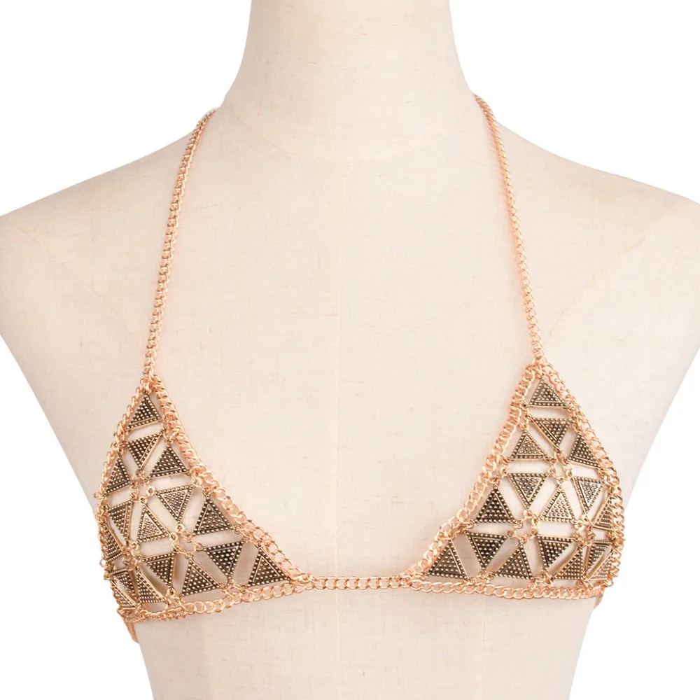 Bohemia Antique Acrylic Inlaid Triangle Zinc Alloy Sequins Link Chain Body Chest Chain Women Statement Necklace Body Jewelry