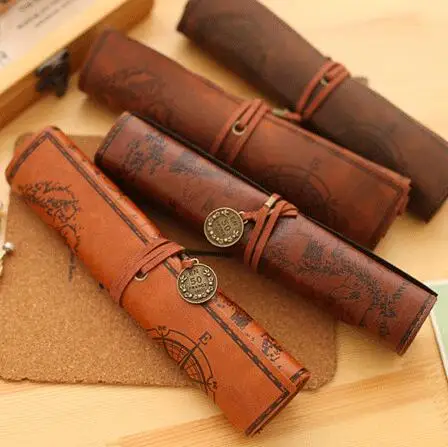 Creative treasure map Vintage Canvas Leather Large Capacity roll pencil bag lovely simple stationery box
