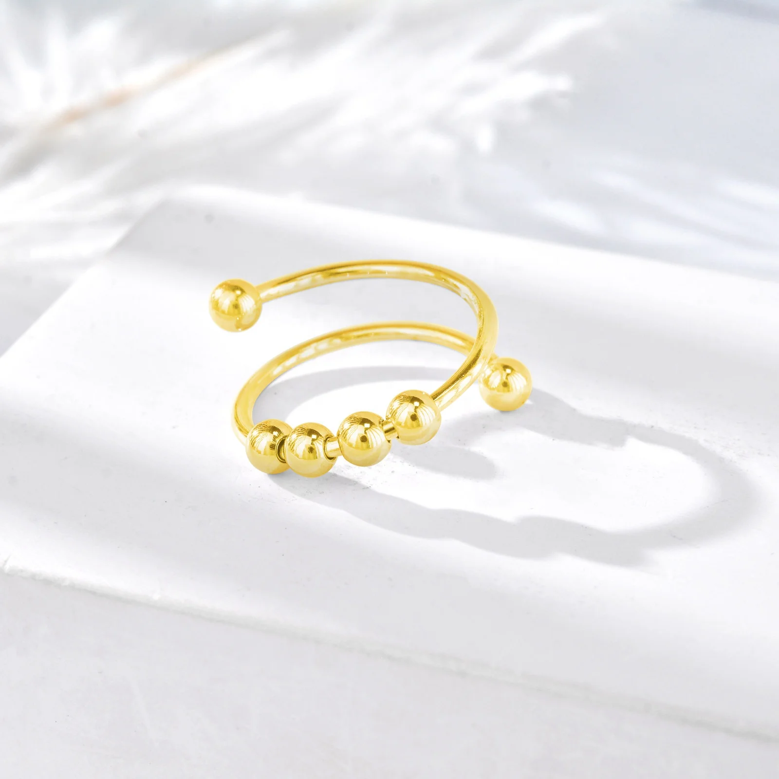 Waterproof Gold Plated Jewellery Rotatable Beads Anti Fidget Anxiety Adjustable Rings for Women
