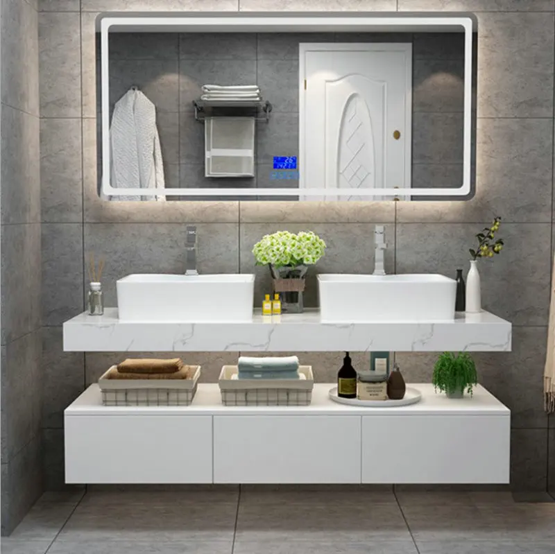 Environmental Modern Luxury Wood Double Sink Vanity Bathroom with LED Light