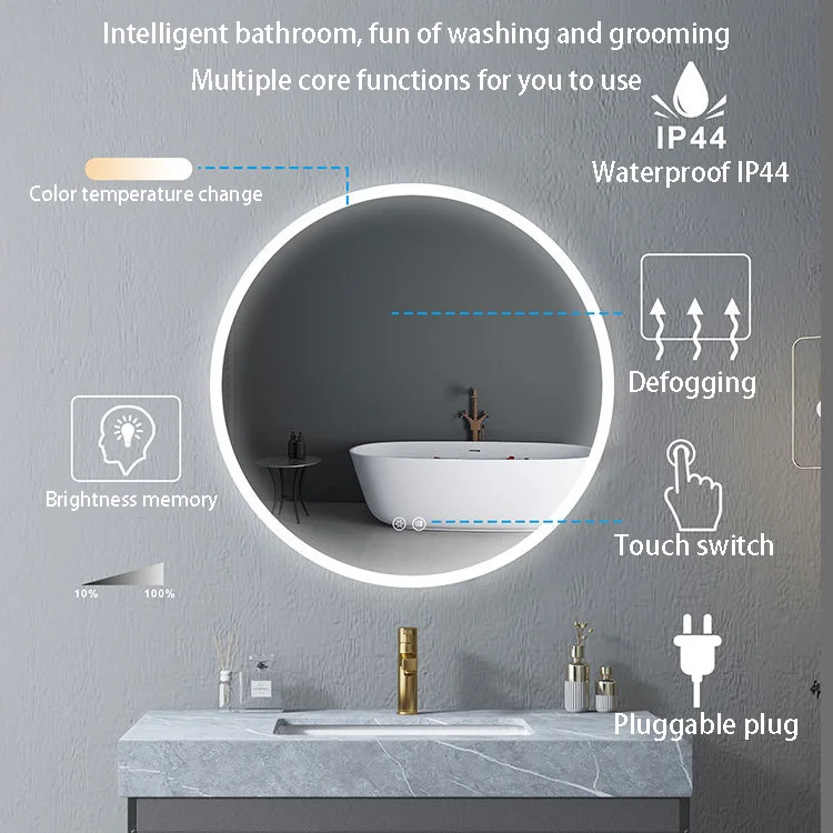 Modern Frameless LED Bathroom Vanity Mirror Smart Anti-Fog Sensor Wall Mounted Rotundity Makeup Suitable for Hotel Home Decor