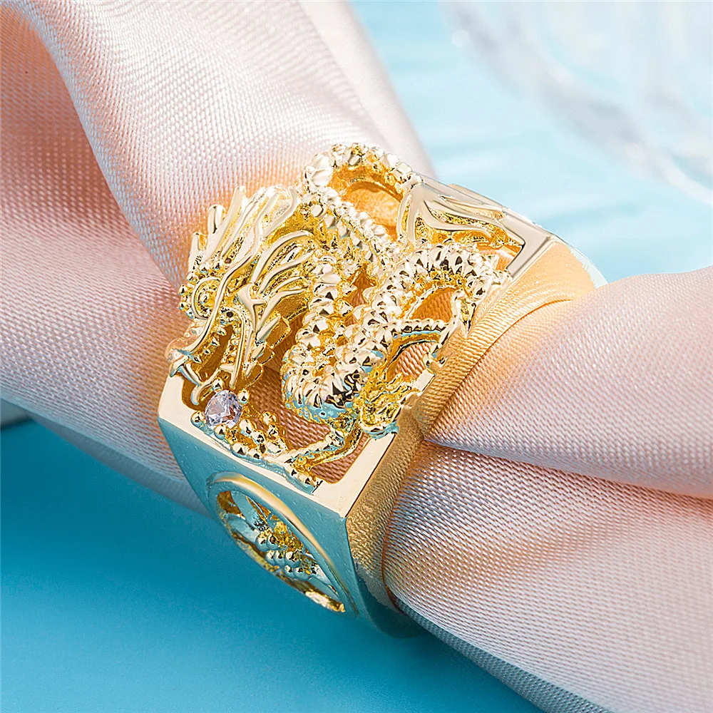 Dubai Gold Rings Chinese Dragon 24k Gold Plated Rings for Mens Jewelry