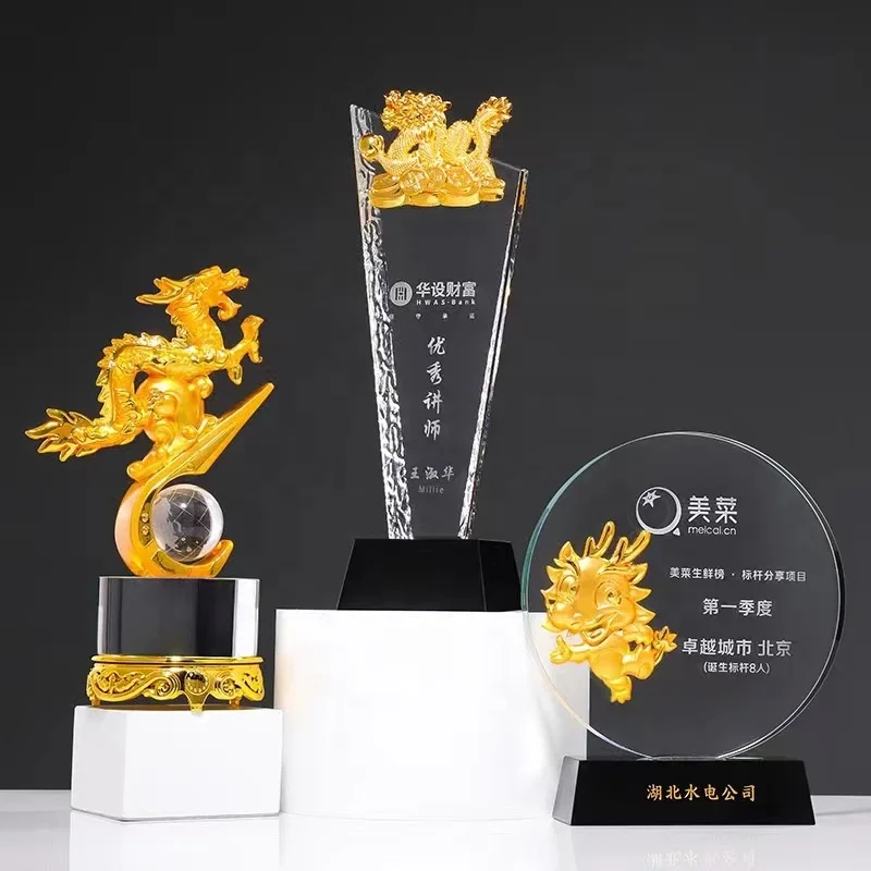 Newest! 2024 dragon design crystal metal trophy anniversary meeting souvenir gifts office decoration