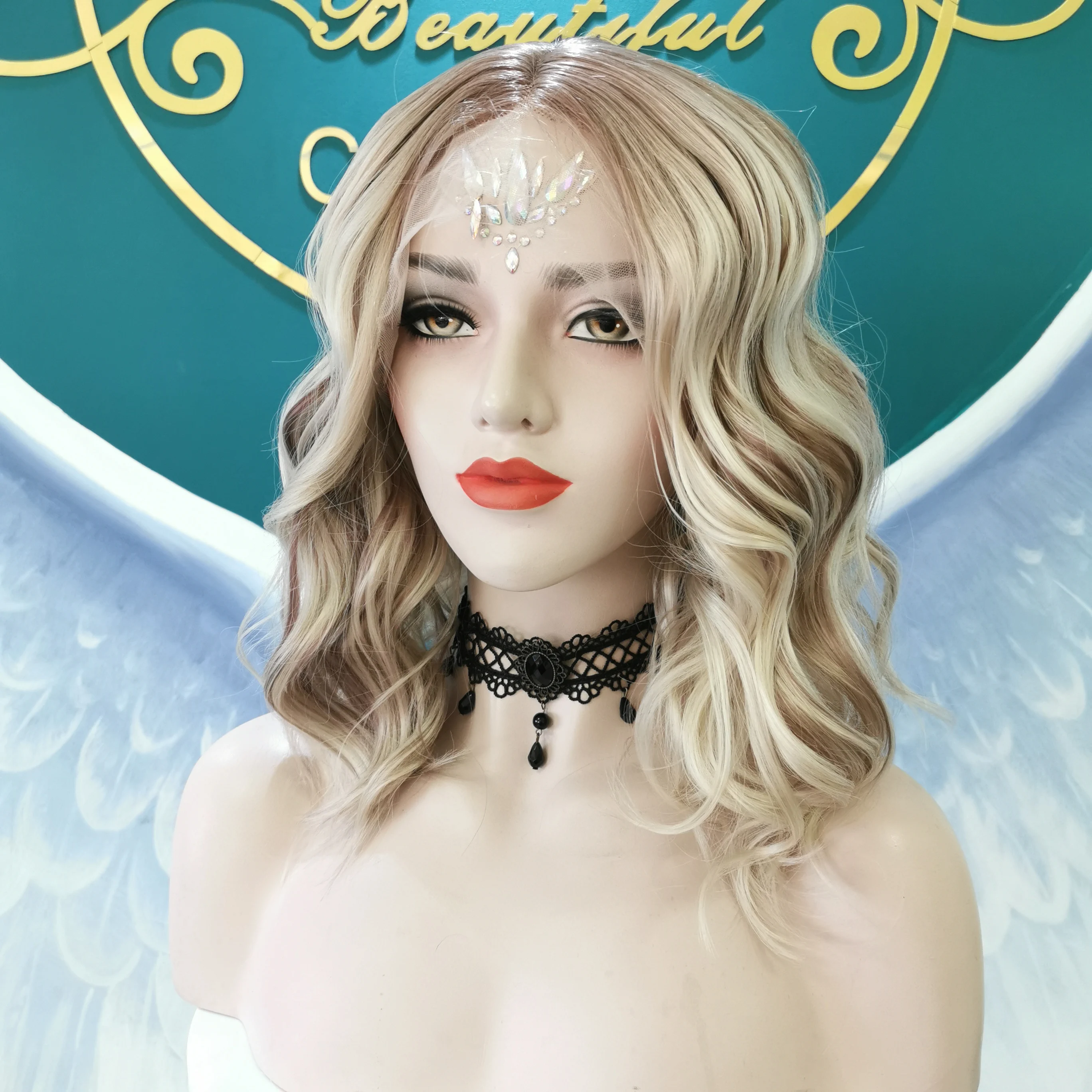 Mixed Two Color 12 Inches Synthetic Hair Wigs With Preplucked Hairline For Women Lace Front heat resistant synthetic wigs